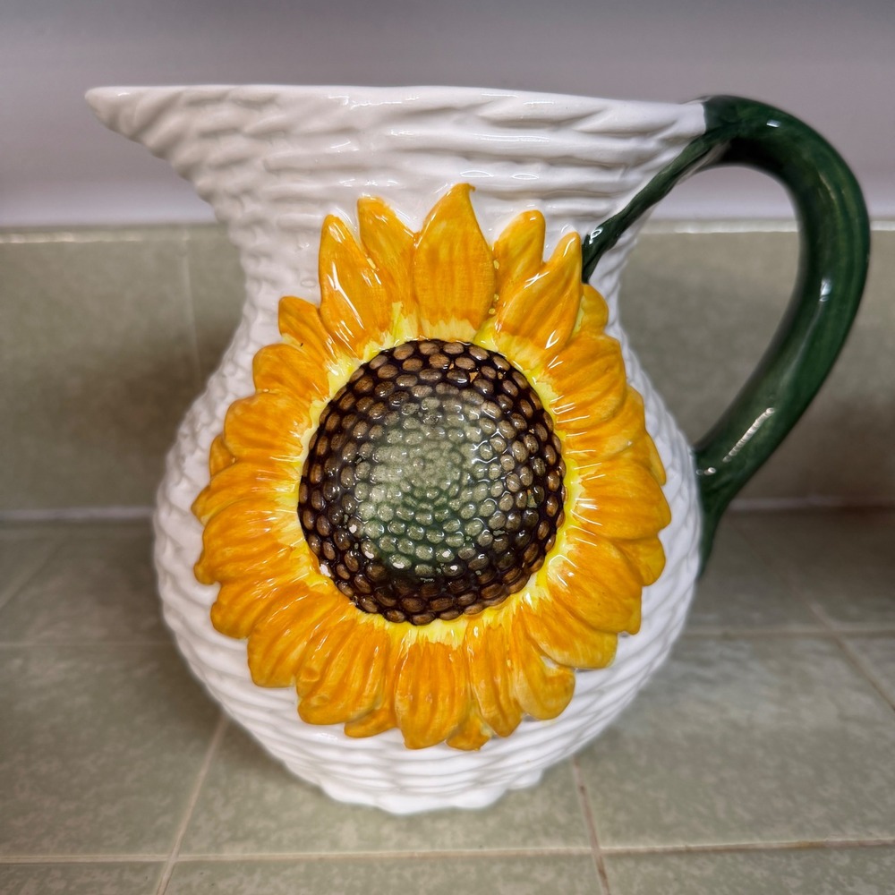 Vintage Italian Ceramic Sunflower Basketweave Pitcher Made in Italy 914 White